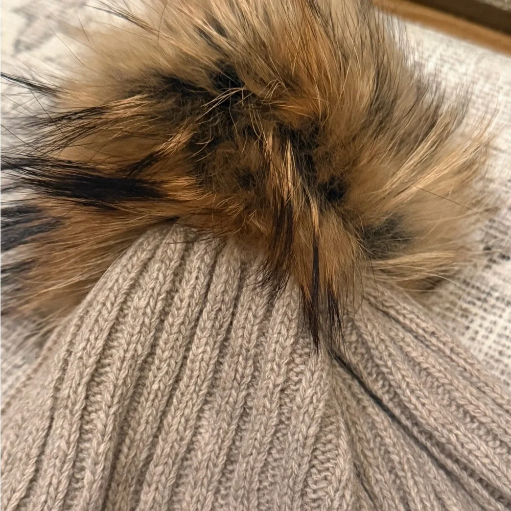 Not branded Cozy Ribbed Knit Beanie with real Fur Pom Pom wool and acrylic